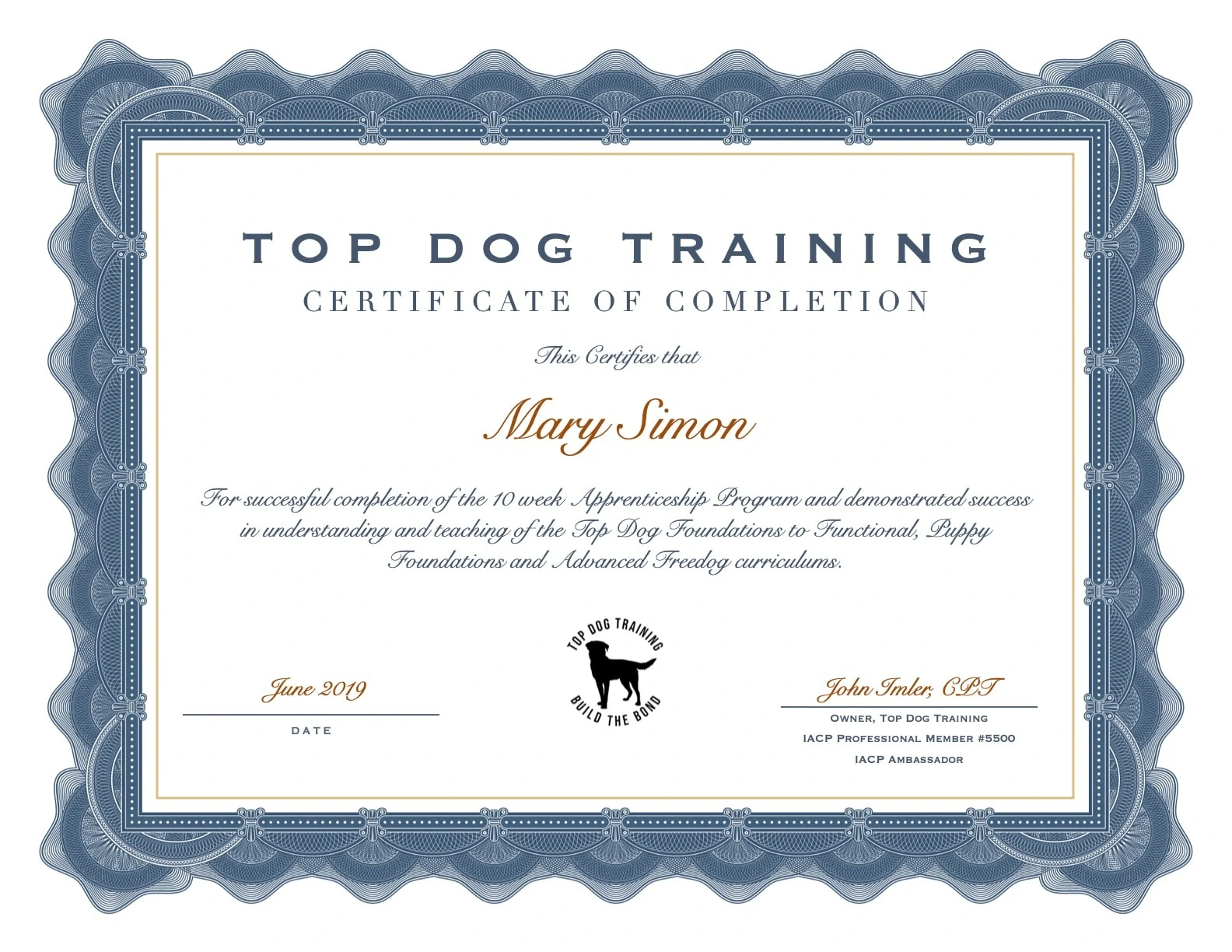 Top dog Training Certificate Of completion
